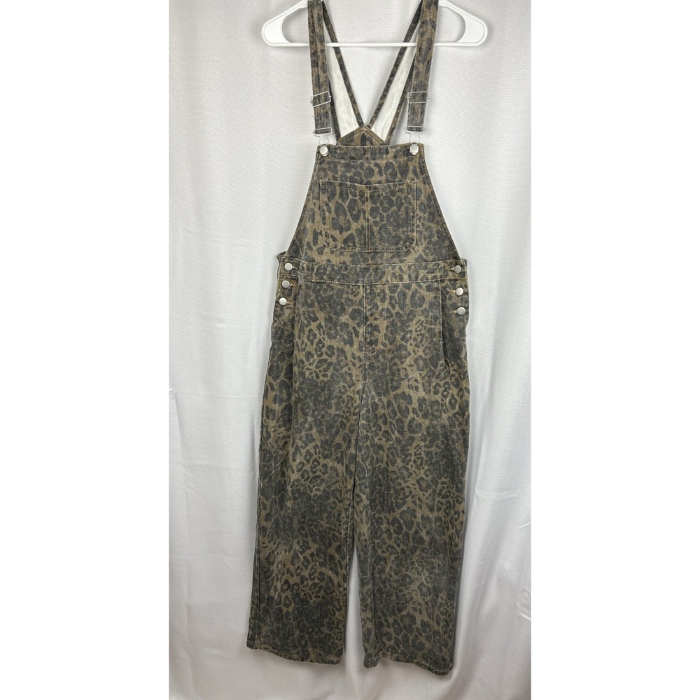 Dazy Wide Leg Overalls Leopard Print Relaxed Fit Medium Black Brown Animal Baggy - Picture 2 of 14